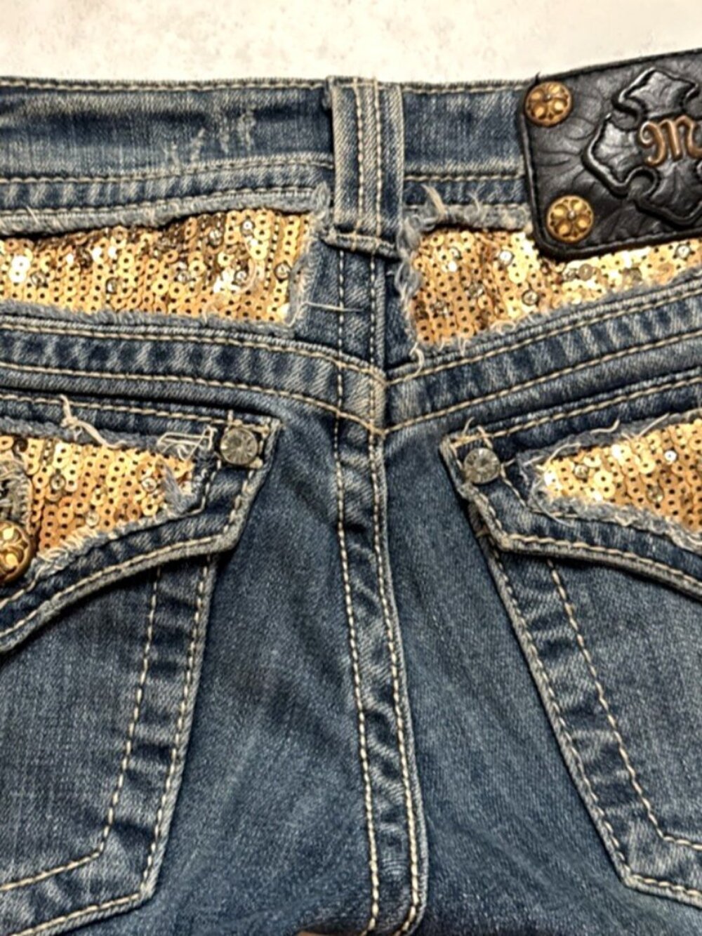 Miss Me Straight Jeans Womens 26 Blue Denim Embellished Bling Sequins Low
